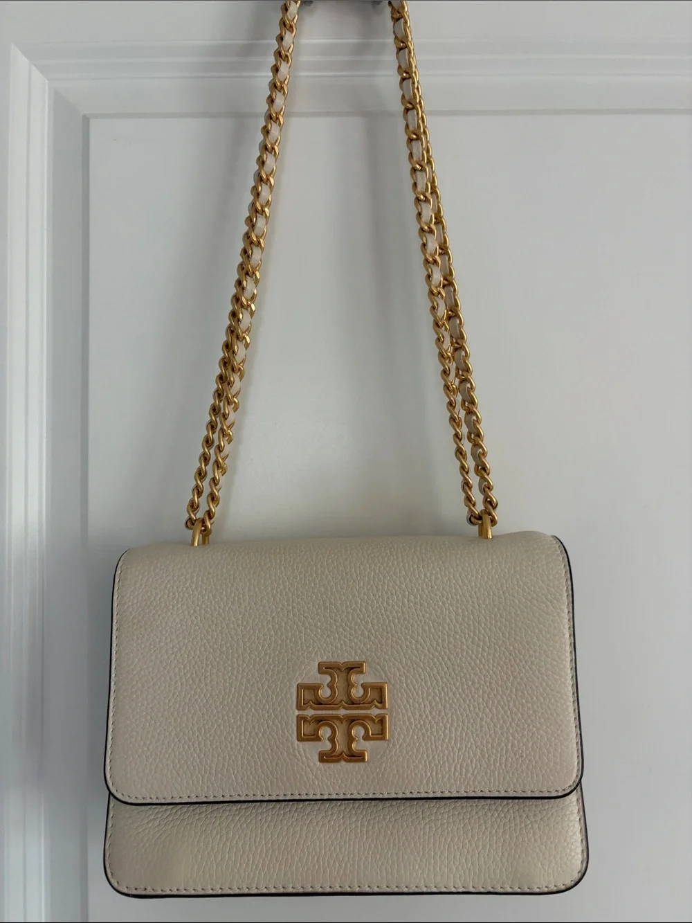 Tory Burch Cream Pebbled Leather Crossbody with Gold Chain